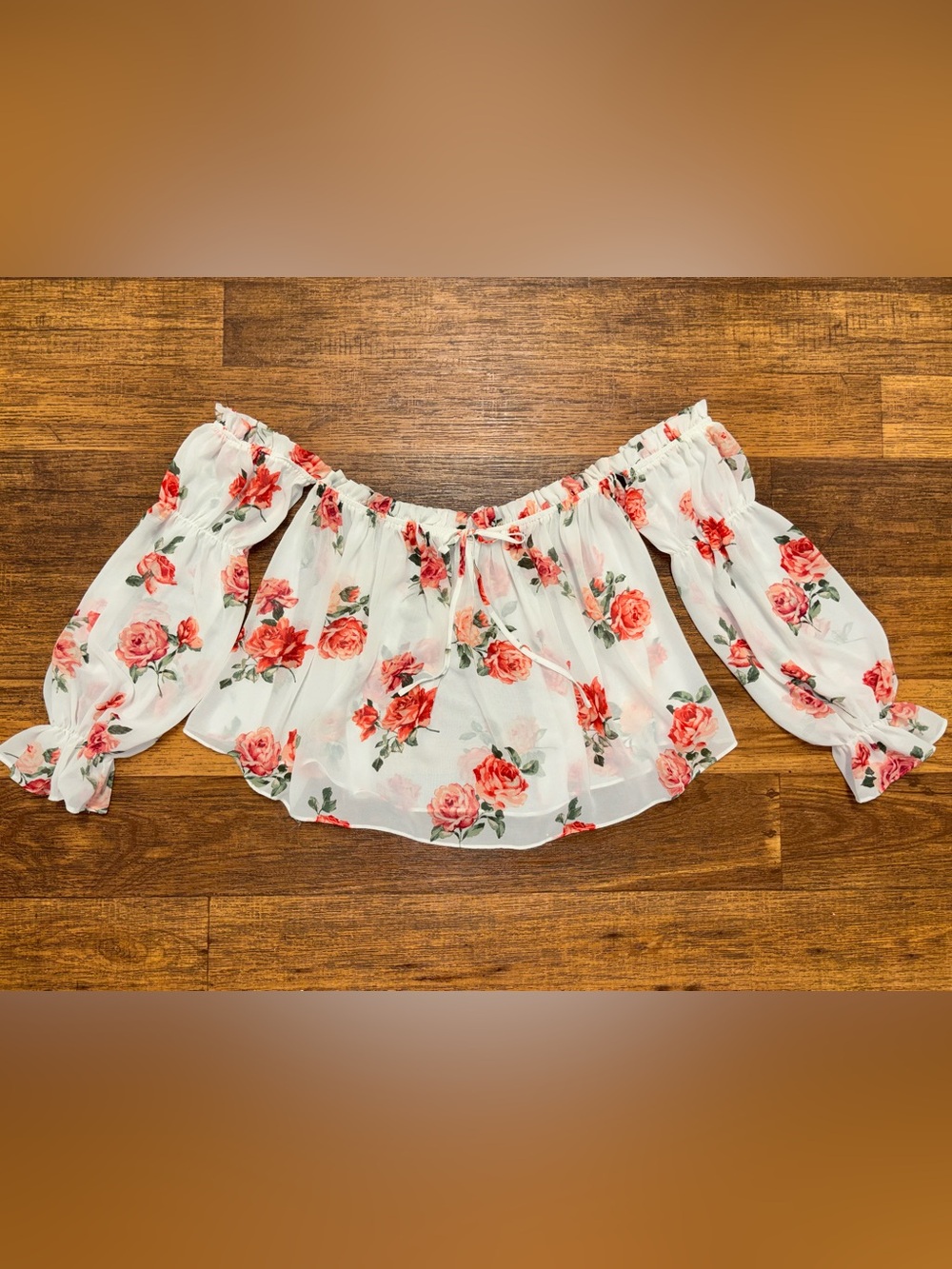 Forever 21 White Off-Shoulder Blouse with Red Floral Print